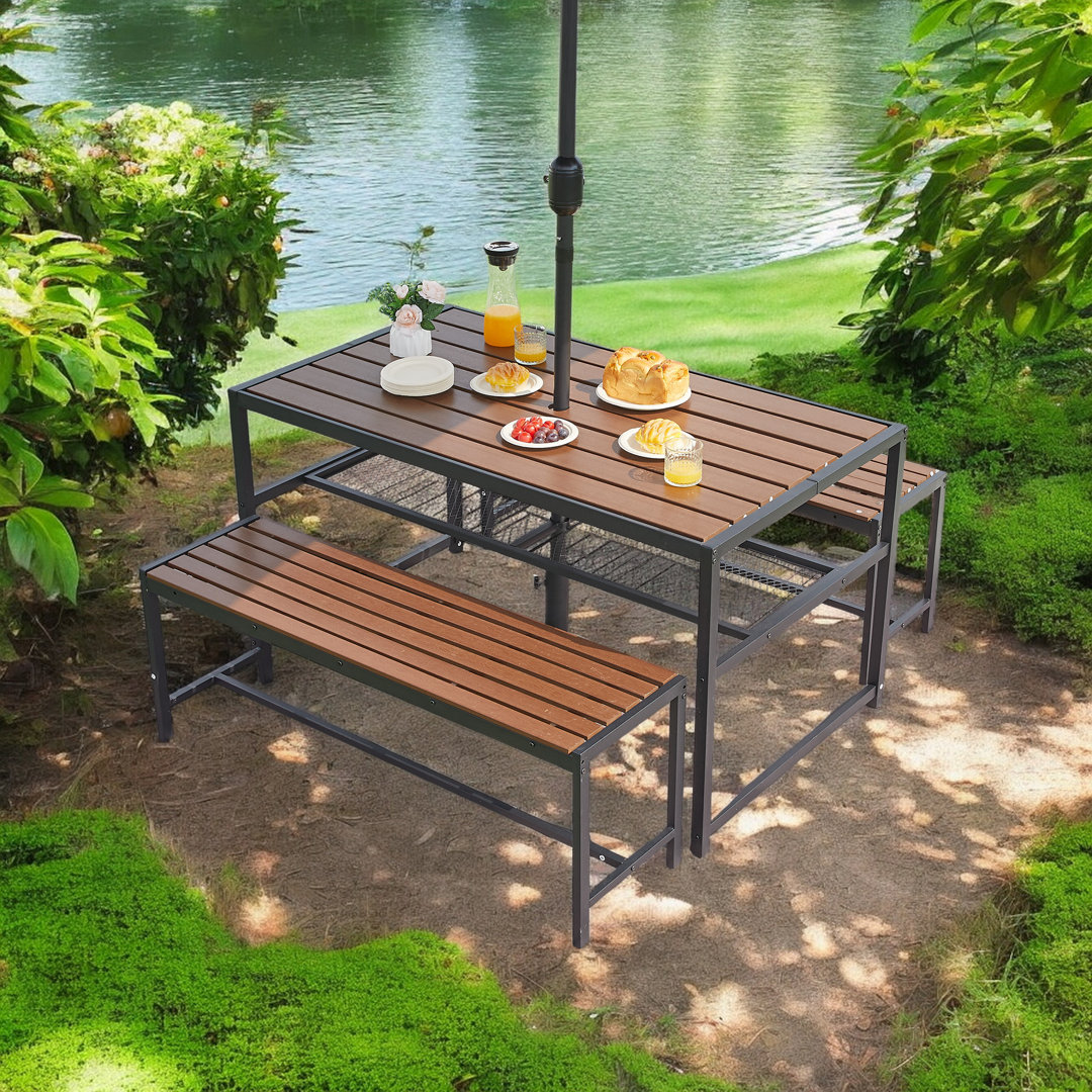 Outdoor/indoor HDPE + Metal Frame Patio Dinning Table w/ Benches, Picnic Table Dining Set For 4-6 People 17 Stories
