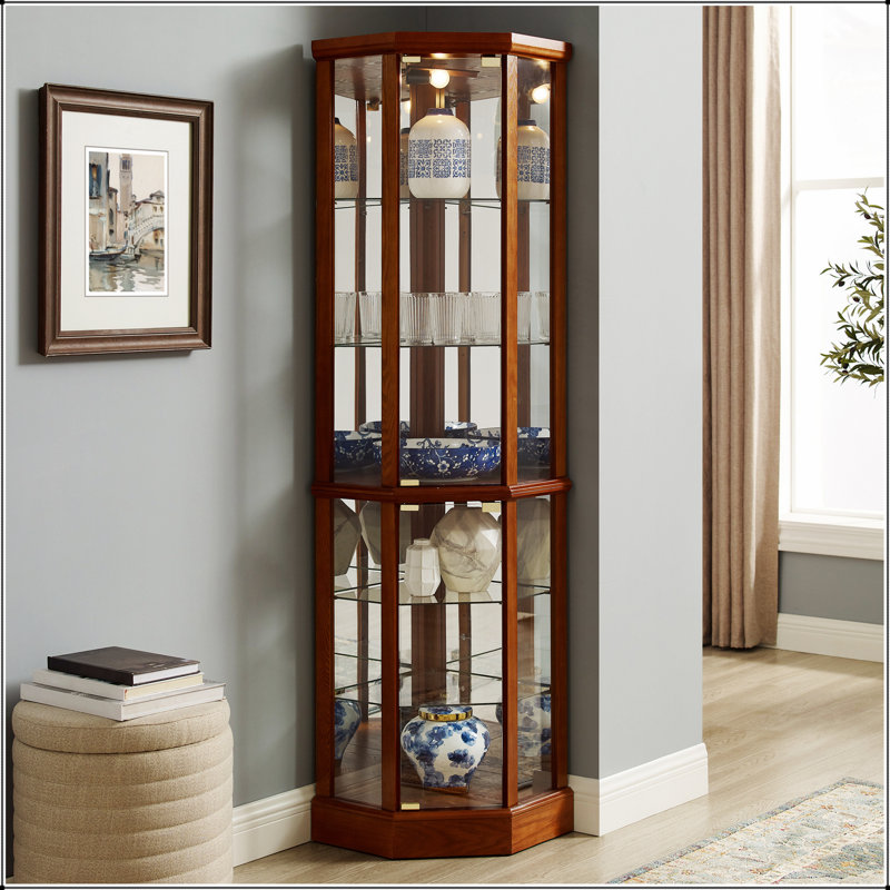 6 Shelf Lighted Corner Curio Cabinet with Adjustable Tempered Glass Shelves and Mirror Back, Walnut