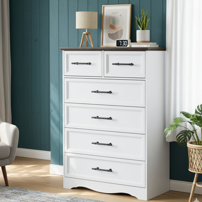 Dresser for Bedroom, 44" Farmhouse Chest of Drawers with Brushed Metal Handle, Wood Closet Organizers for Bedroom, Living Room, Hallway, White