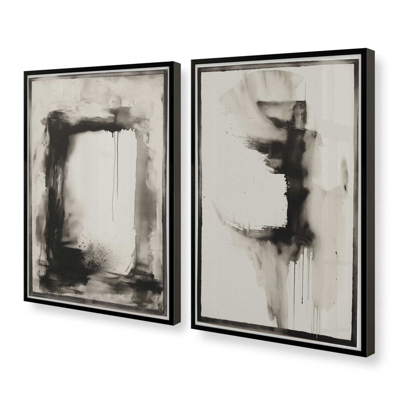 Ensemble de 2 estampes obsidiennes encadrées dans un cadre noir, 14 po x 11 po, Noir satiné, H 15 po x l 24 po
