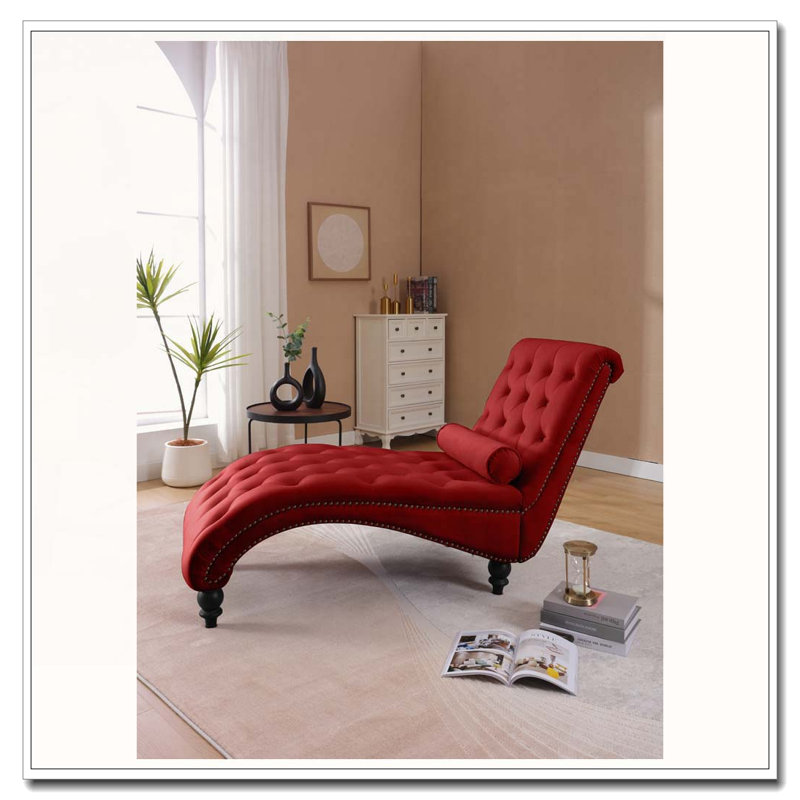 Velvet Recliner Chair with Button Tufting, Red