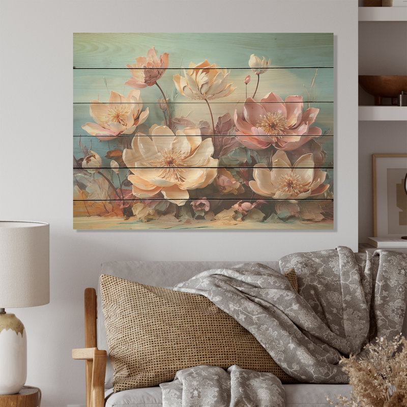 Fleur de lotus moderne rose, art mural sur bois de pin naturel, H 10 po x l 20 po