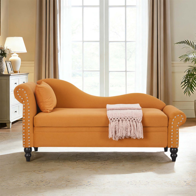 Chaise longue moderne en velours avec rangement, coussin lombaire avec accoudoir à gauche et décoration à clous pour plus de confort et de style