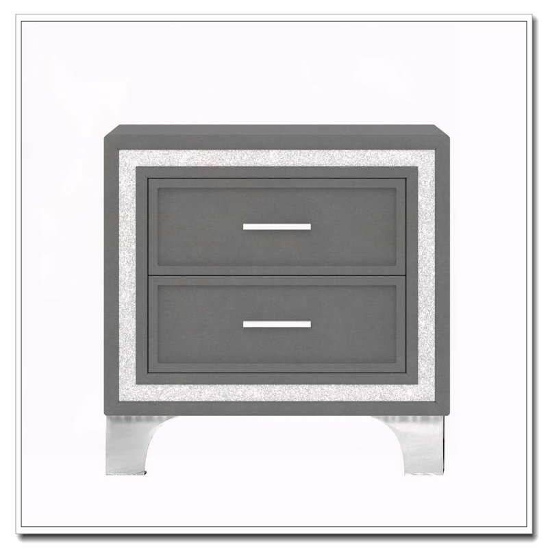 Ensemble de chambre à coucher 3 pièces, grand lit plateforme tapissier avec lumières DEL et deux tables de chevet - gris