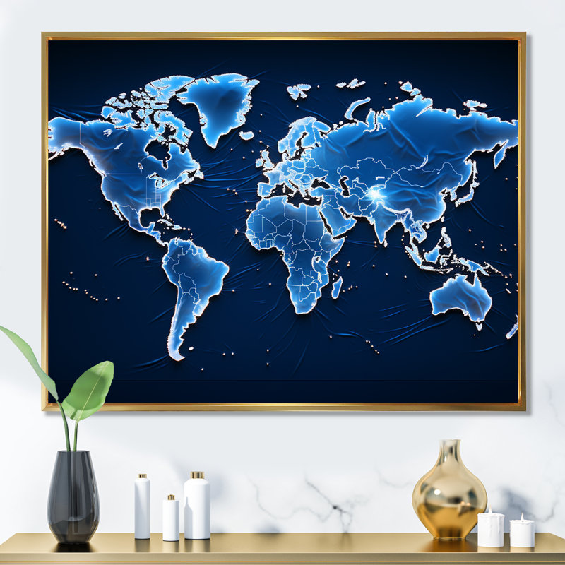 Méridiens majestueux - carte du monde murale, Cadre flottant doré, 16" H x 32" W