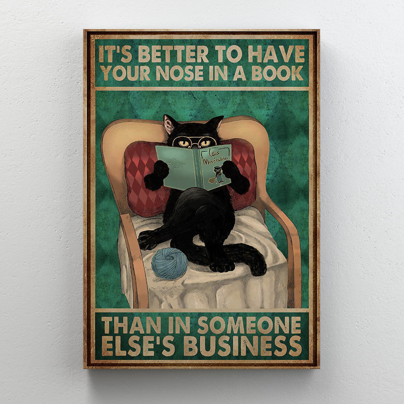Black Cat Reading Book On Chair - It's Better To Have Your Nose In A Book - 1 Piece Rectangle Graphic Art Print On Wrapped Canvas