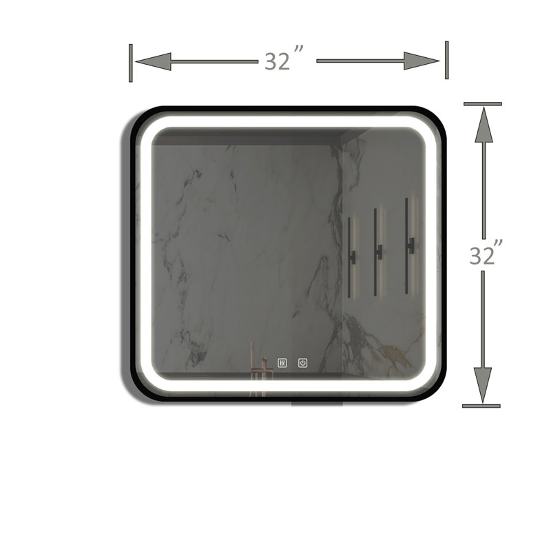 Miroir de meuble-lavabo de salle de bain 32 po x 32 po avec fond de panier, cadre en alliage d'aluminium noir, luminosité élevée, tactile à intensité variable, contrôle de l'interrupteur mural, antibuée, réglable IRC 95 3000K-4500K-6000K, IP54 Waterpr