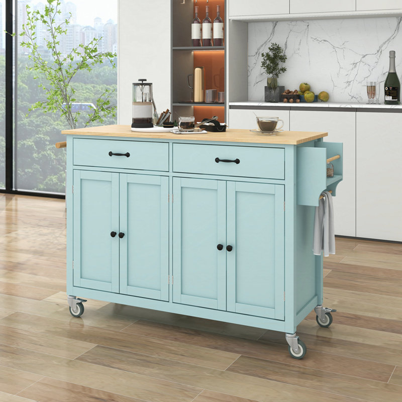 Chariot pour îlot de cuisine de 54,3 pouces de largeur avec armoire et tiroirs, 2 roulettes verrouillables, tablettes réglables