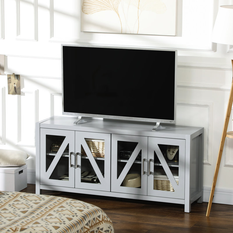 Meuble télé pour le salon, gris avec 4 portes en verre, tablettes réglables et portes d'assemblage requises
