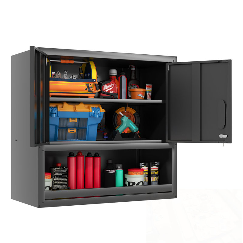 Armoire de rangement murale en métal avec porte verrouillable et tablette ouverte