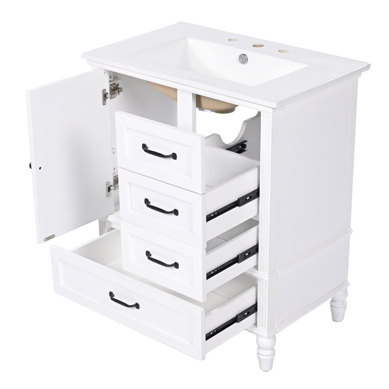 Meuble-lavabo de 30 po avec lavabo, armoire de salle de bain avec porte, trois tiroirs, pieds en bois massif et panneau de fibres à densité moyenne, patins réglables