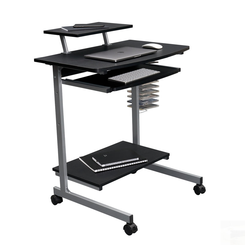 Chariot d'ordinateur compact avec rangement, graphite, tablette réglable et roulettes verrouillables pour un poste de travail polyvalent