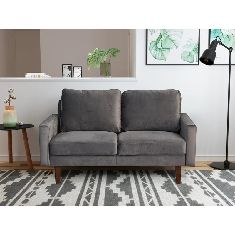 Causeuse à accoudoirs carrés, Velours gris velours, H 35 po x l 60 po x P 33 po