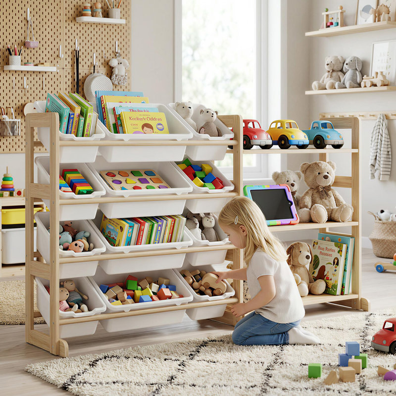Rangement pour jouets d'enfants, 12 bacs et 3 étagères, bois massif, 142 cm de large