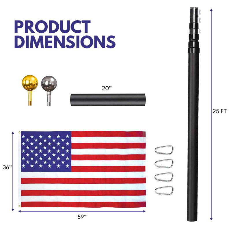 25 Ft. Aluminum Telescoping Flagpole With U.S. Flag And Handcrafted Golden Top Finial
