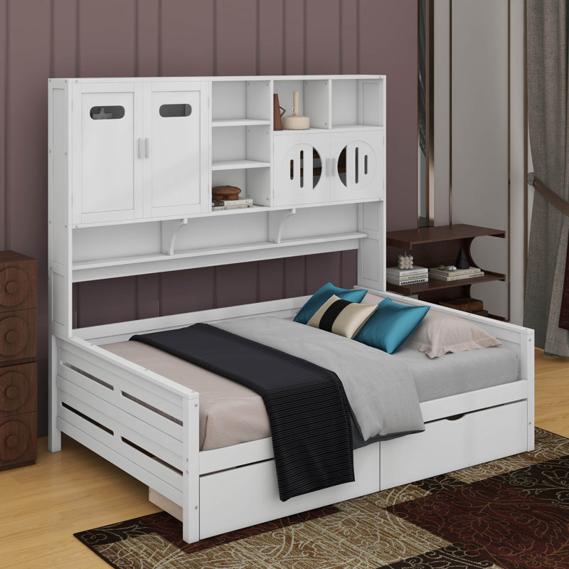 Lit de jour en bois avec tiroirs, Lit double, Blanc