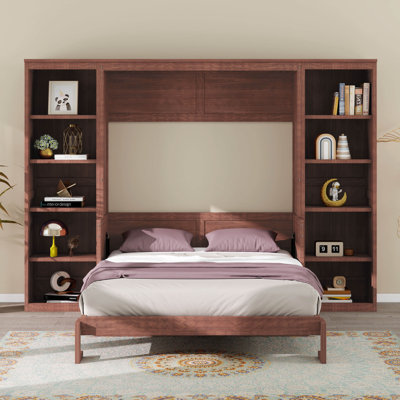 Full Size Murphy Bed With Bookshelf, 2-In-1 Foldable Bed Frame Cabinet With Desk, Foldable Wooden Wall Bed