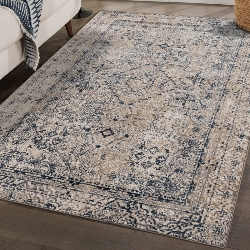 Tapis géométrique crème, Rectangle 5 pi x 7 pi