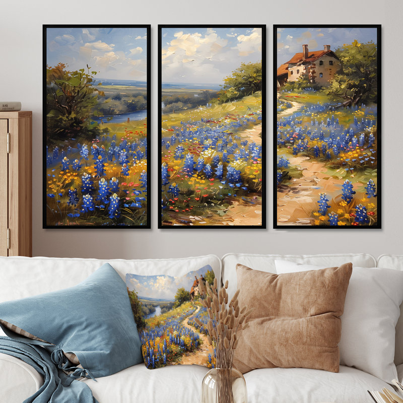 Ensemble de salon art mural bleu et vert Meadow Charm Blue Bonnets VII, H 28 po x l 36 po, Cadre flottant noir