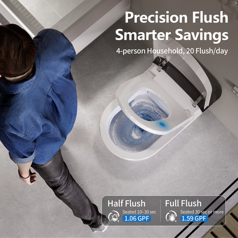 DeerValley Modern Smart Bidet Toilet: All-Season Temp Control, Foam Shield, Built-in Tank & Pump and 17.5" ADA Height in White