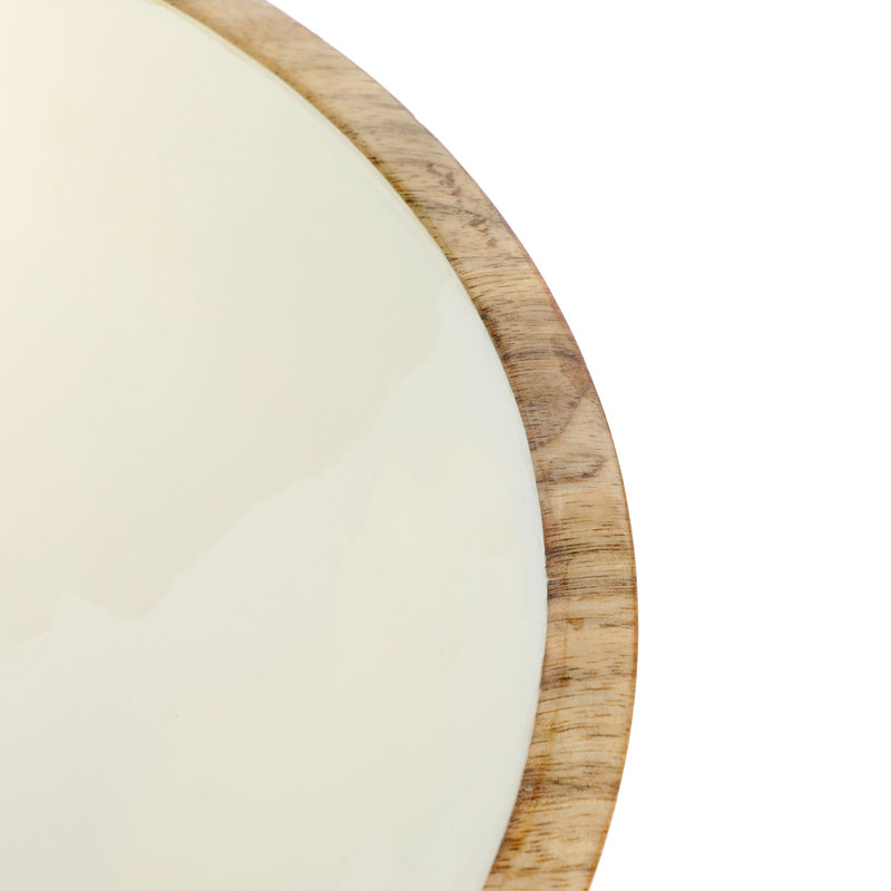 Laurie Gates 12 Inch Enameled Mango Wood Serving Bowl and Serving Utensils in White and Brown