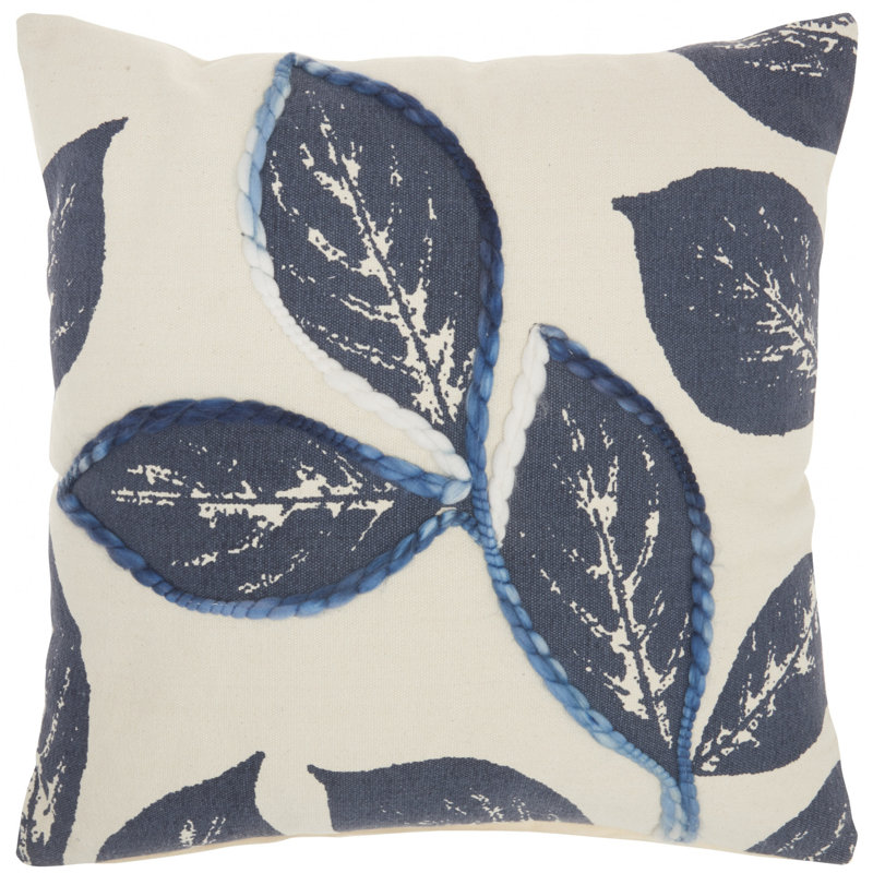 Coussin décoratif floral 20 po gris anthracite et beige avec broderie, Bleu marine