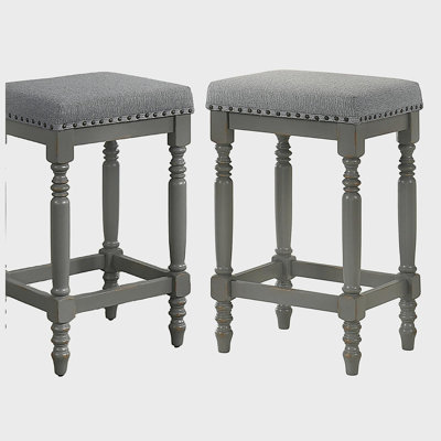 Farmhouse Style Solid Wood Counter Stools Set of 2 – Upholstered Padded Seats with Turned Legs