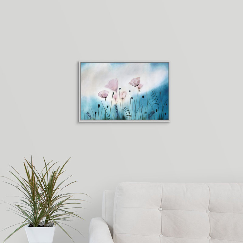 « gossamer prières », peinture sur toile, H 13,7 po x l 19,7 po x p 1,75 po, Cadre flottant blanc