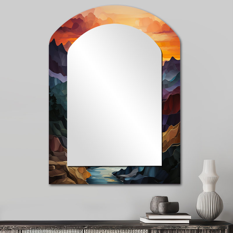 Orange orange sarcelle, paysage audacieux - grand miroir asymétrique des montagnes, miroir mural décoratif arqué traditionnel, impression d'art en métal