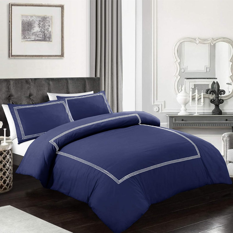 Cotton Blend Duvet Cover Set with Pillowcases, Navy/White, Super King Duvet Cover + 2 Pillowcases