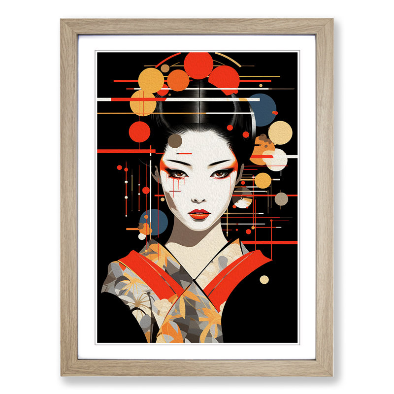 Geisha Constructivism - Single Picture Frame Print on Wood, Oak Framed, 46cm H x 34cm W