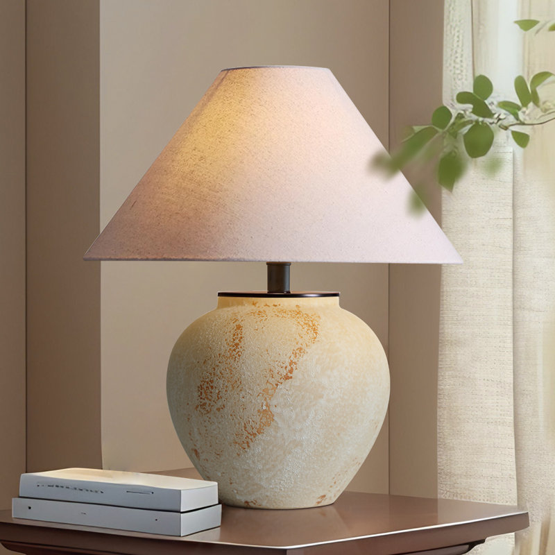 Iftikar Rustic Earthenware Table Lamp With Linen Shade & Free LED Bulb — Compact Accent Lamp For Bedroom, Living Room Or Entryway