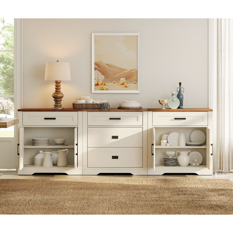94.5"W Extra-Large Office Cabinet, 3-In-1 Farmhouse Storage Cabinet With 3 Drawers And Barn Door Compartment, Spacious Office Console With Media Shelves For Office, Bedroom,Cream White