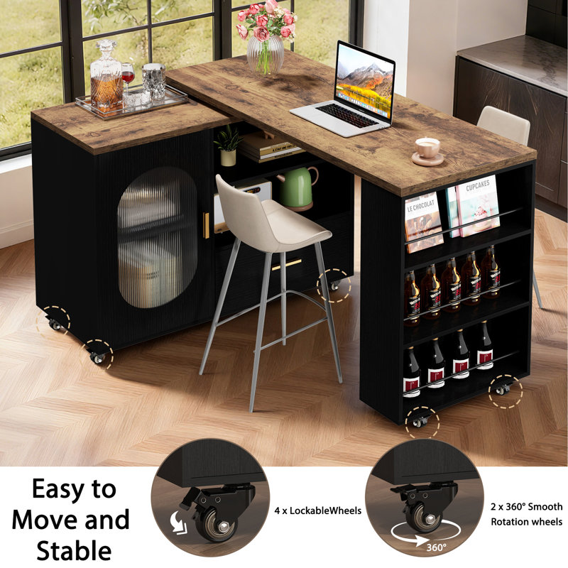 Îlot de cuisine avec table allongée, armoire de rangement, tiroirs, brun rustique et chêne noir, Brun rustique / noir