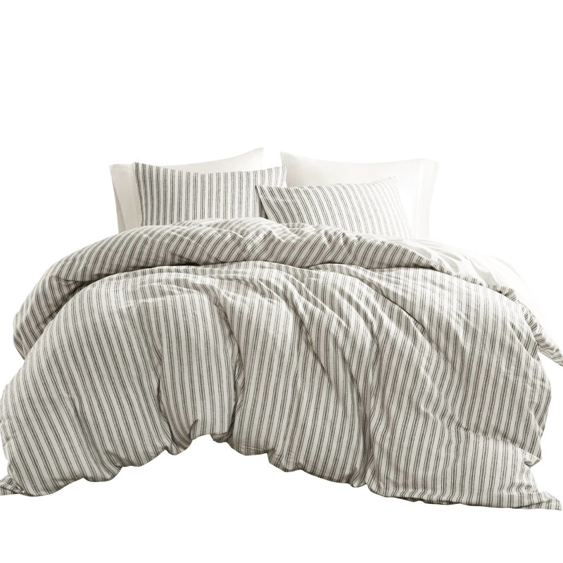 Housse de couette grise 3 pièces avec tissu en lin, coton et rayonne, literie confortable, attrait en lin sophistiqué, rayures intemporelles pour la chambre à coucher, tout confort, attaches de coin à maintenir en place, facile