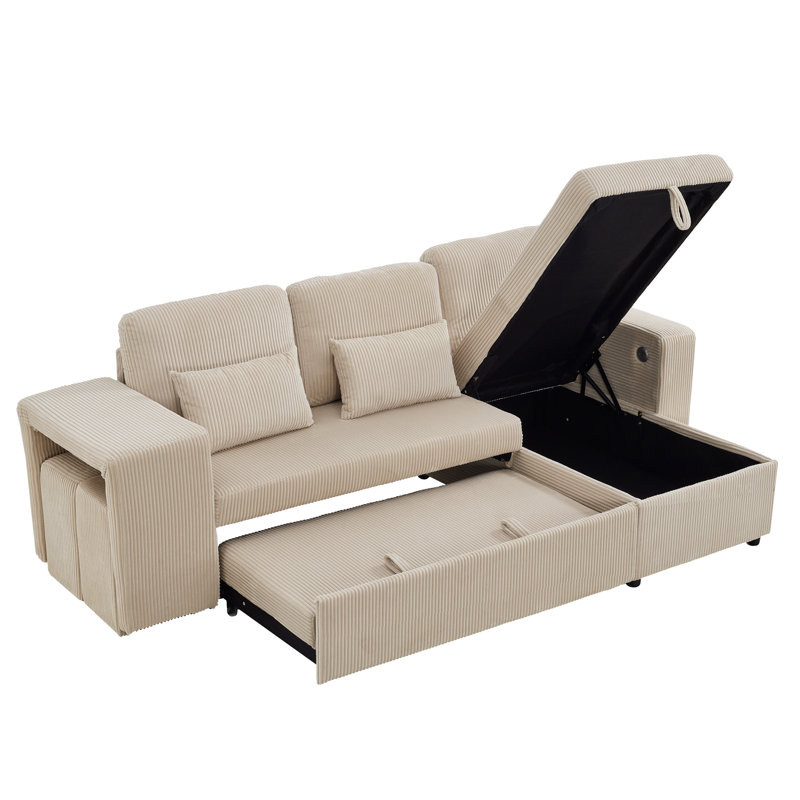 L-shaped Convertible Sofa Bed With Storage Chaise, Beige