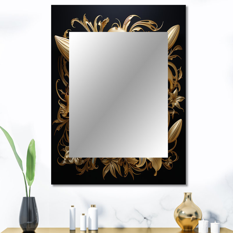 Golden Lily Flower Glam On Black - miroir décoratif lys, miroir mural doré, impression sur métal, 40 po x 30 po