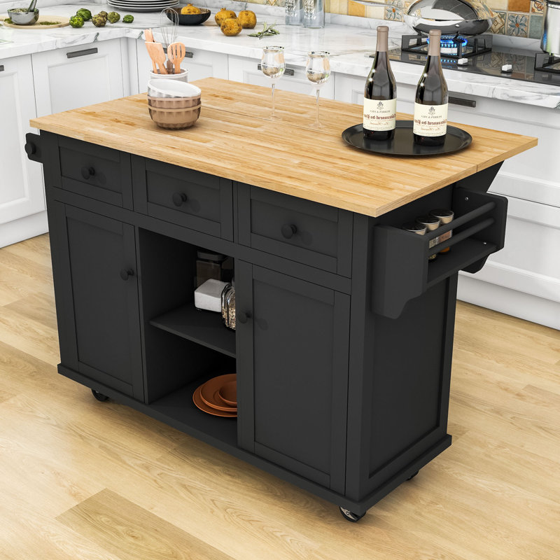 Dyches Kitchen Island with Storage Cabinet and 3 Drawers for Dinning Room, Black