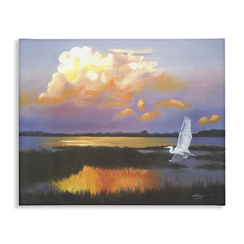 «Egret Over Cloudy Reflection» par D. Rust, H 16 po x l 20 po