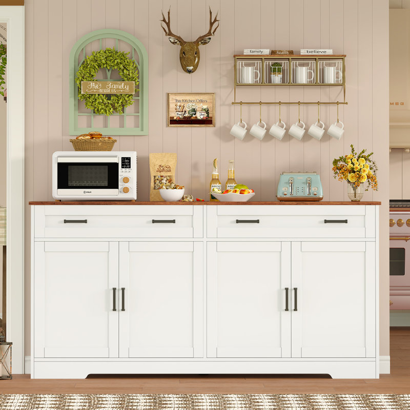 Buffet Cabinet With Storage And Drawers, Large Sideboard Buffet Cabinet With Adjustable Shelves And Doors, Modern Farmhouse Coffee Bar For Kitchen, Dining Room, White