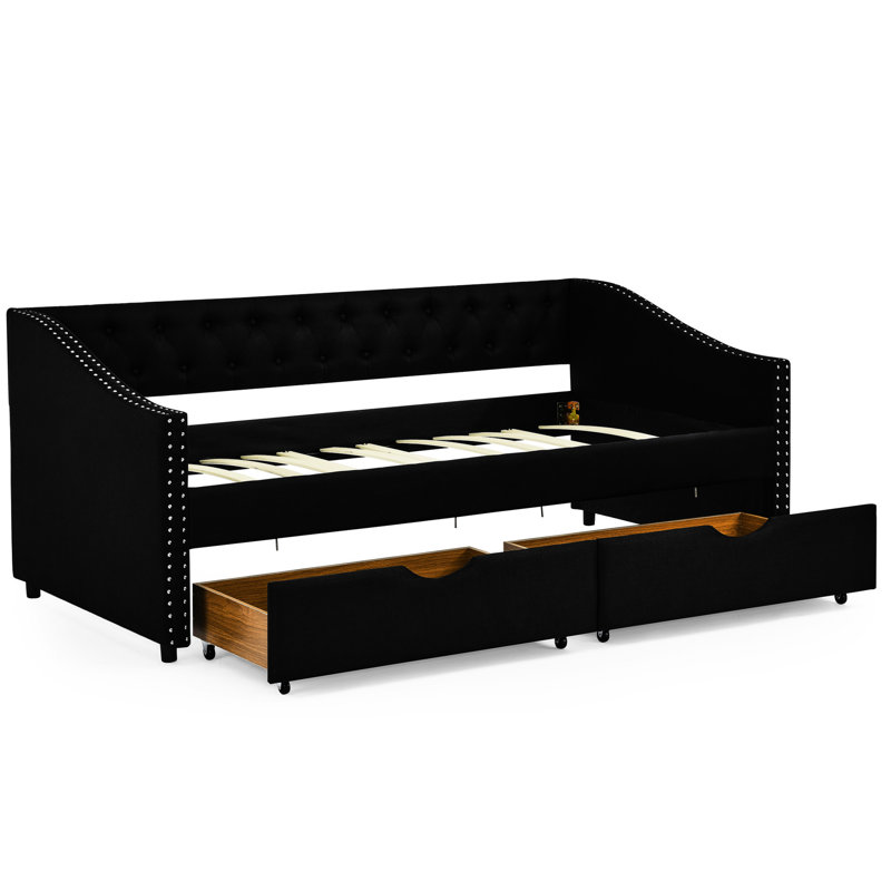 Twin Size Daybed With Linen Fabric And Underbed Storage Solutions Black Upholstered Drawers 500lbs Weight Capacity, Twin