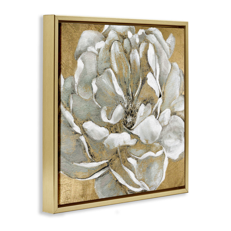 Fleur de magnolia blanc rougissant abstrait, Cadre flottant métallique doré, H 25 po x l 25 po