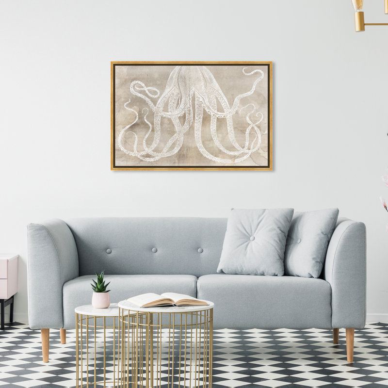 Pieuvre en papier nautique et côtier - impression sur toile tendue, H 20 po x l 30 po, Or