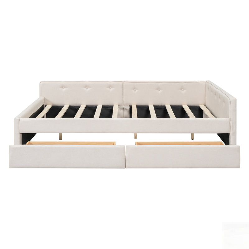 Upholstered Platform Bed with USB Ports and Storage Drawers, Linen Fabric, Queen