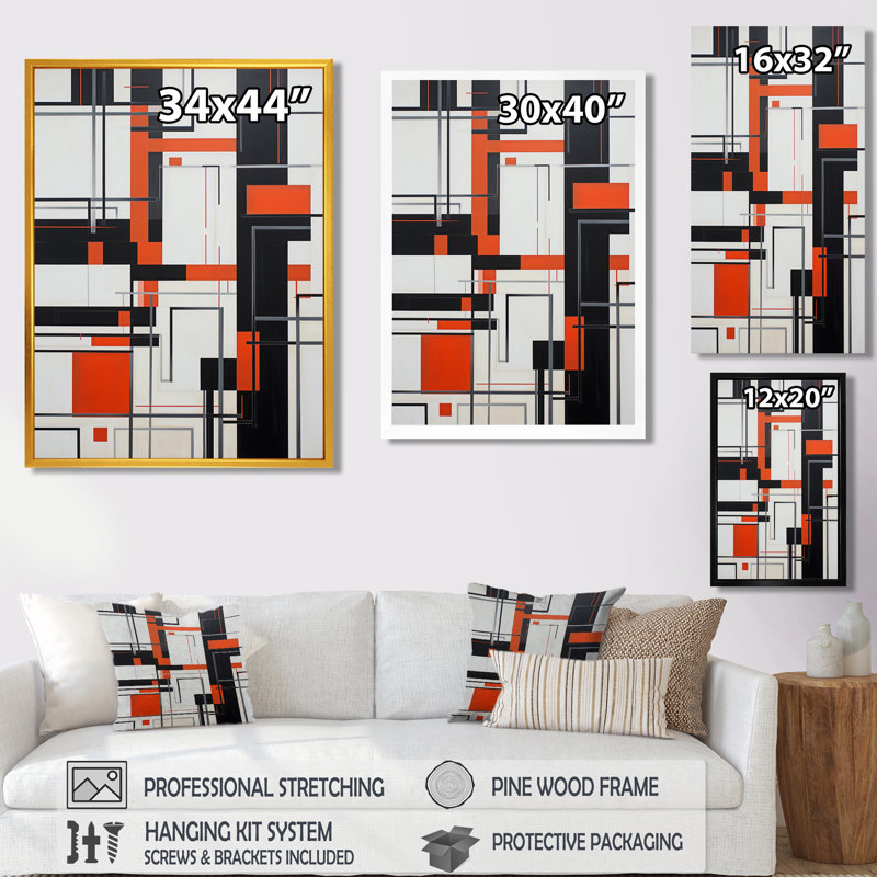 Art moderne mural géométrique modernisé, H 44 po x l 34 po x P 1,5 po, Toile avec cadre flottant or