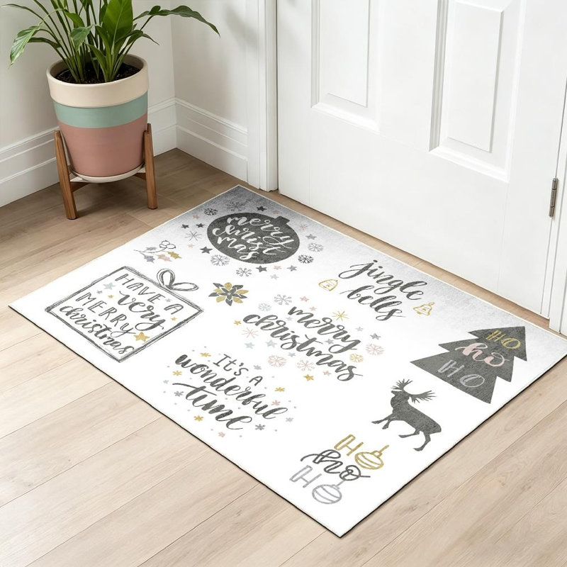 Tapis intérieur noir lavable à la machine, avec inscriptions de Noël et du Nouvel An, Rectangle 32 po x 47 po