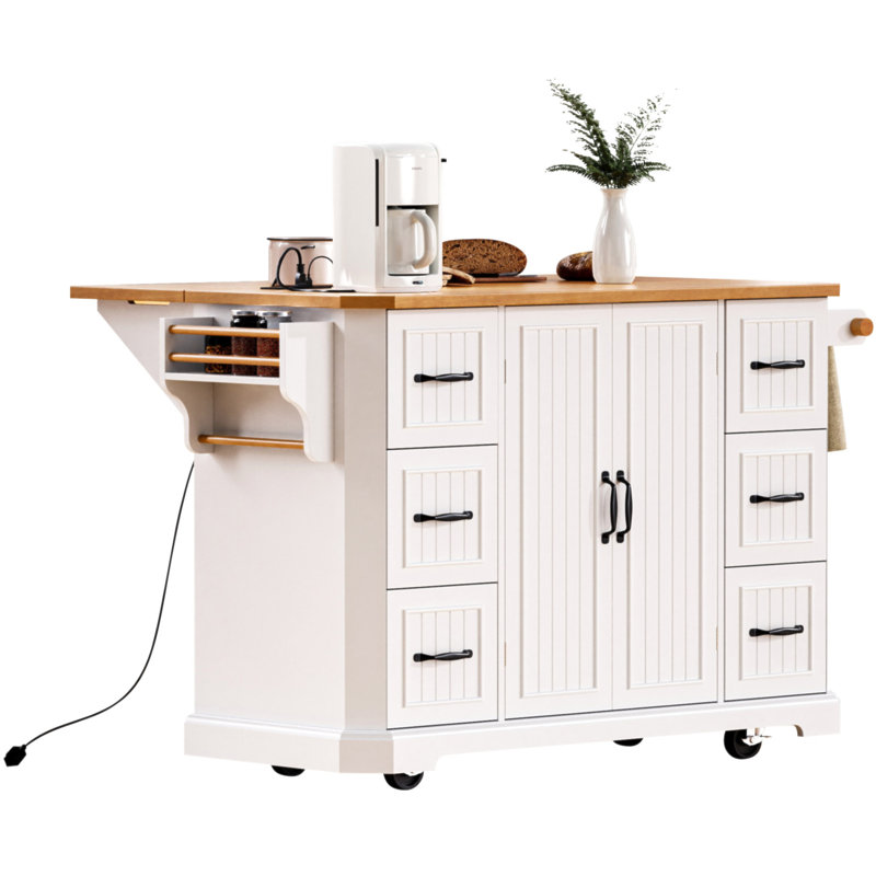 56 Inch Kitchen Island With Rubber Wood Veneer Drop Leaf, Power Outlet, 4 Door Shelves, Embossed Vertical Stripe Rolling Kitchen Cart On 4 Wheels With 6 Deep Drawers For Kitchen, Dining Room