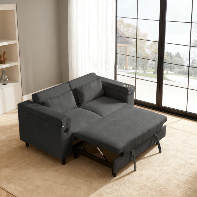 Canapé en chenille foncé avec table d'appoint et port USB, Gris foncé