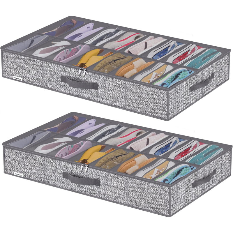 Sturdy Under Bed Shoe Storage Organizers With Handles & Clear Window (16 To 32 Pairs) 2 Pack, Closet Shoes Containers Boxes For Kids & Adults, 37.7"X23.6"X5.9", Linen-Like Grey