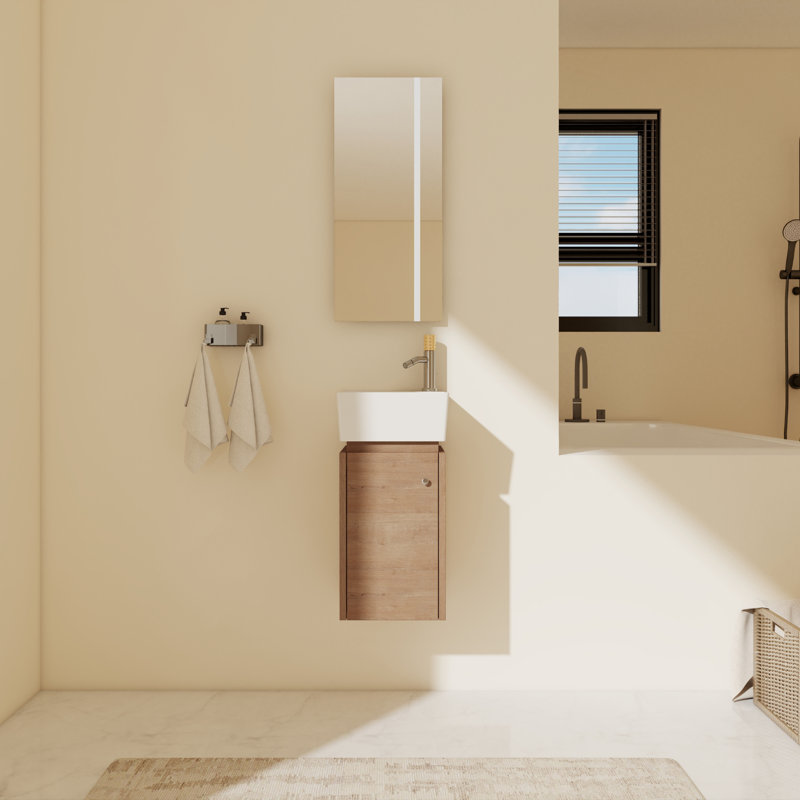 Vanyo 12'' Wall Mounted & Corner Single Bathroom Vanity with Ceramic Top, Imitative Oak